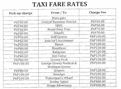 US Navy Taxi Rates Inside SBMA Subic Philippines