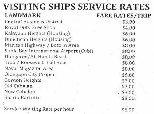 US Navy Taxi Rates outside SBMA Subic Philippines