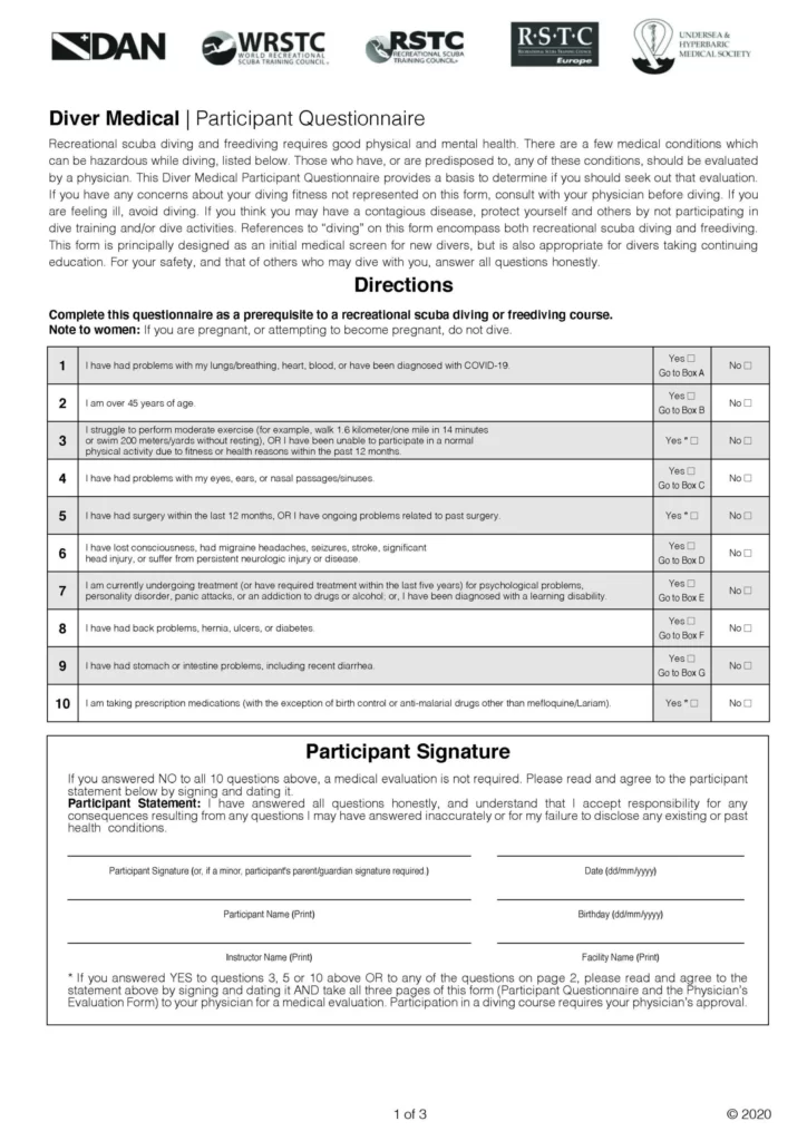 What are the Physical Requirements for starting Scuba Diving? diver medical questionnaire