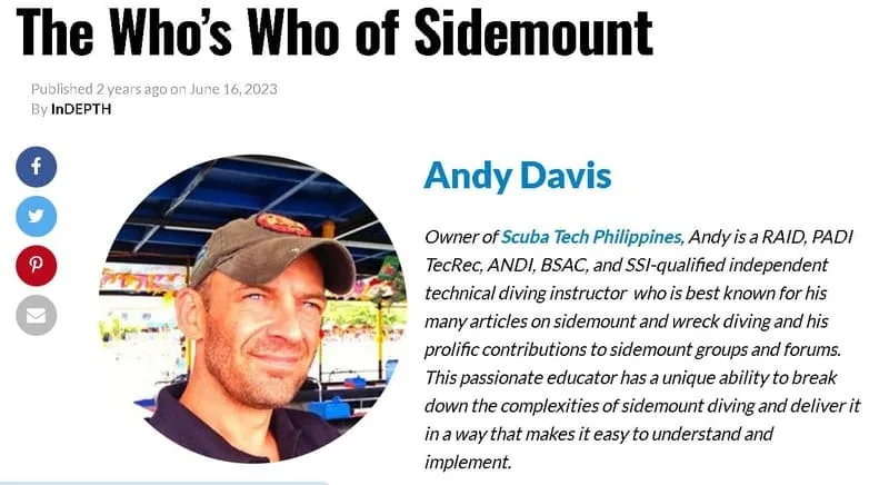 Indepth magazine. Sidemount diving instructor. Andy Davis. Who's who of sidemount article.